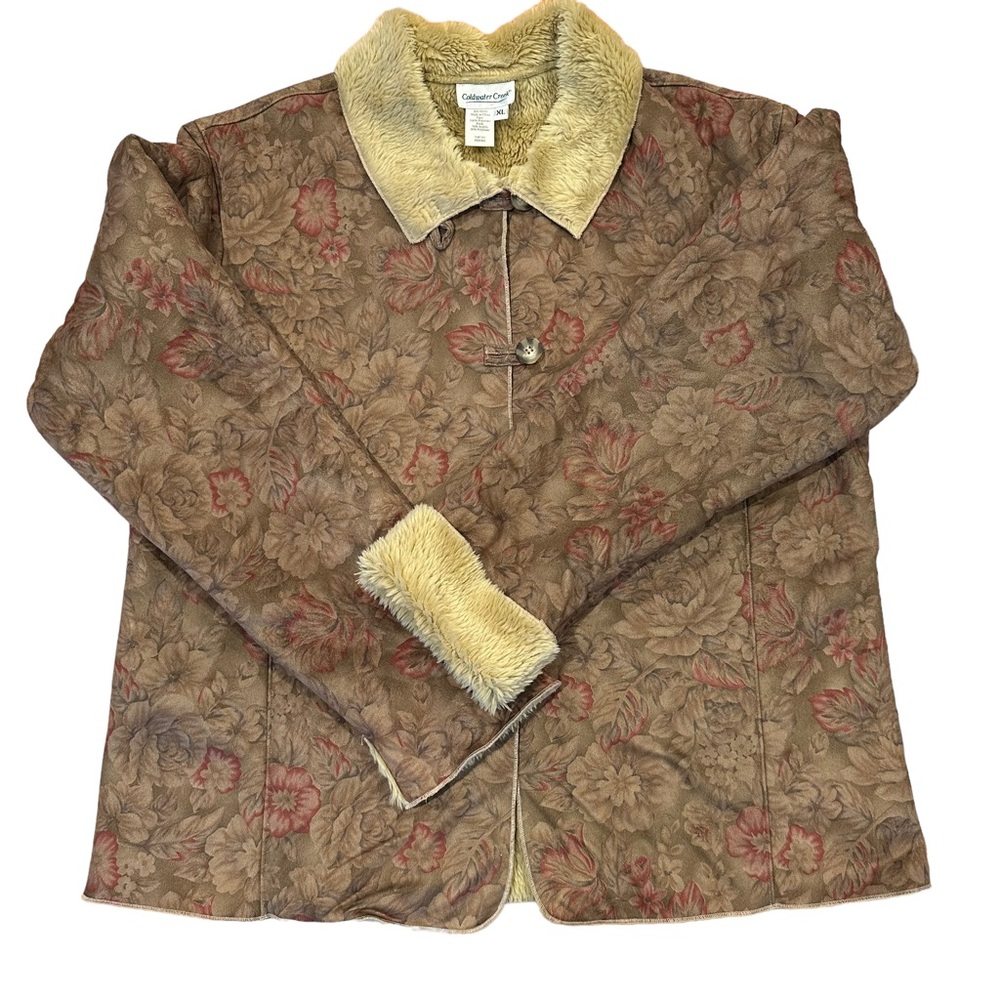 Coldwater Creek Faux Suede and Fur Floral Print Jacket Coat